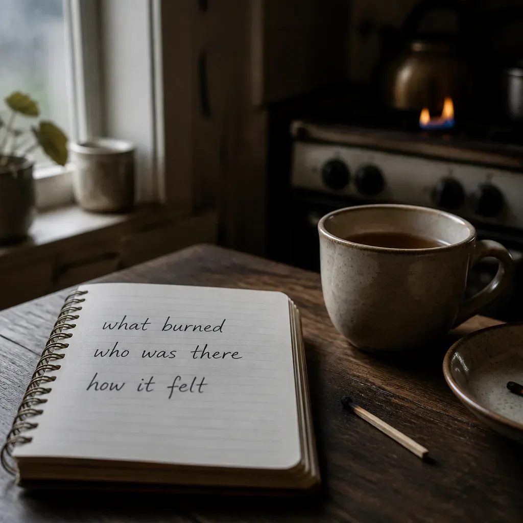 notebook beside a small controlled stove flame