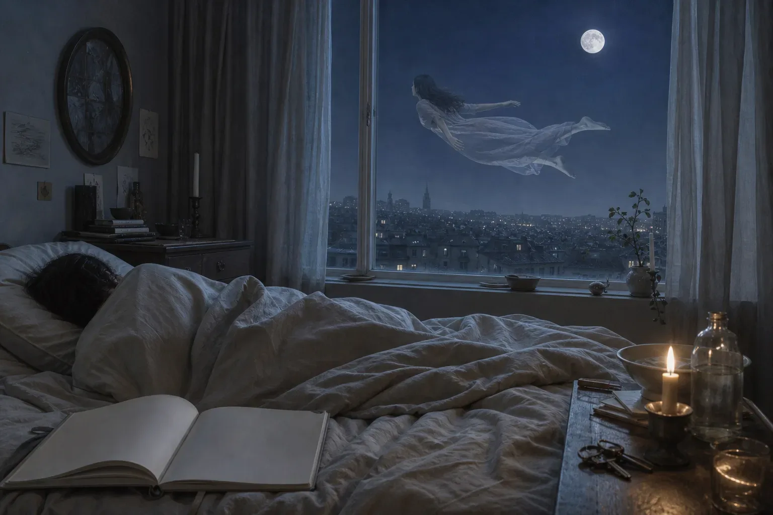 Dreamer floating above a quiet moonlit city