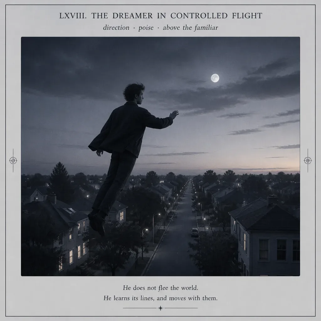 Dreamer calmly steering flight above a familiar street