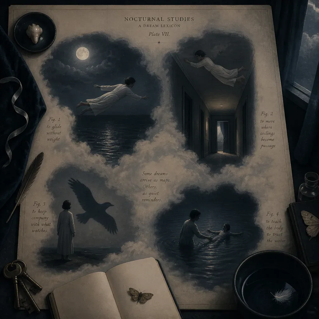 Several flying dream variations shown as quiet vignettes