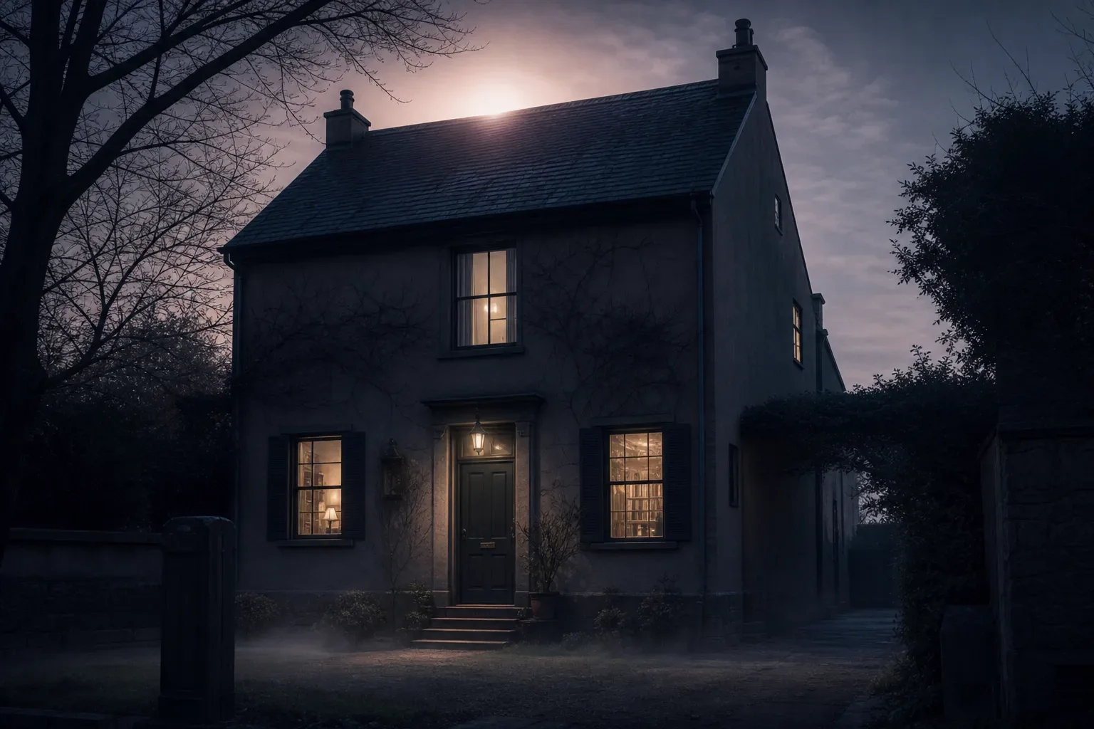 Dream house with lit rooms under morning sky