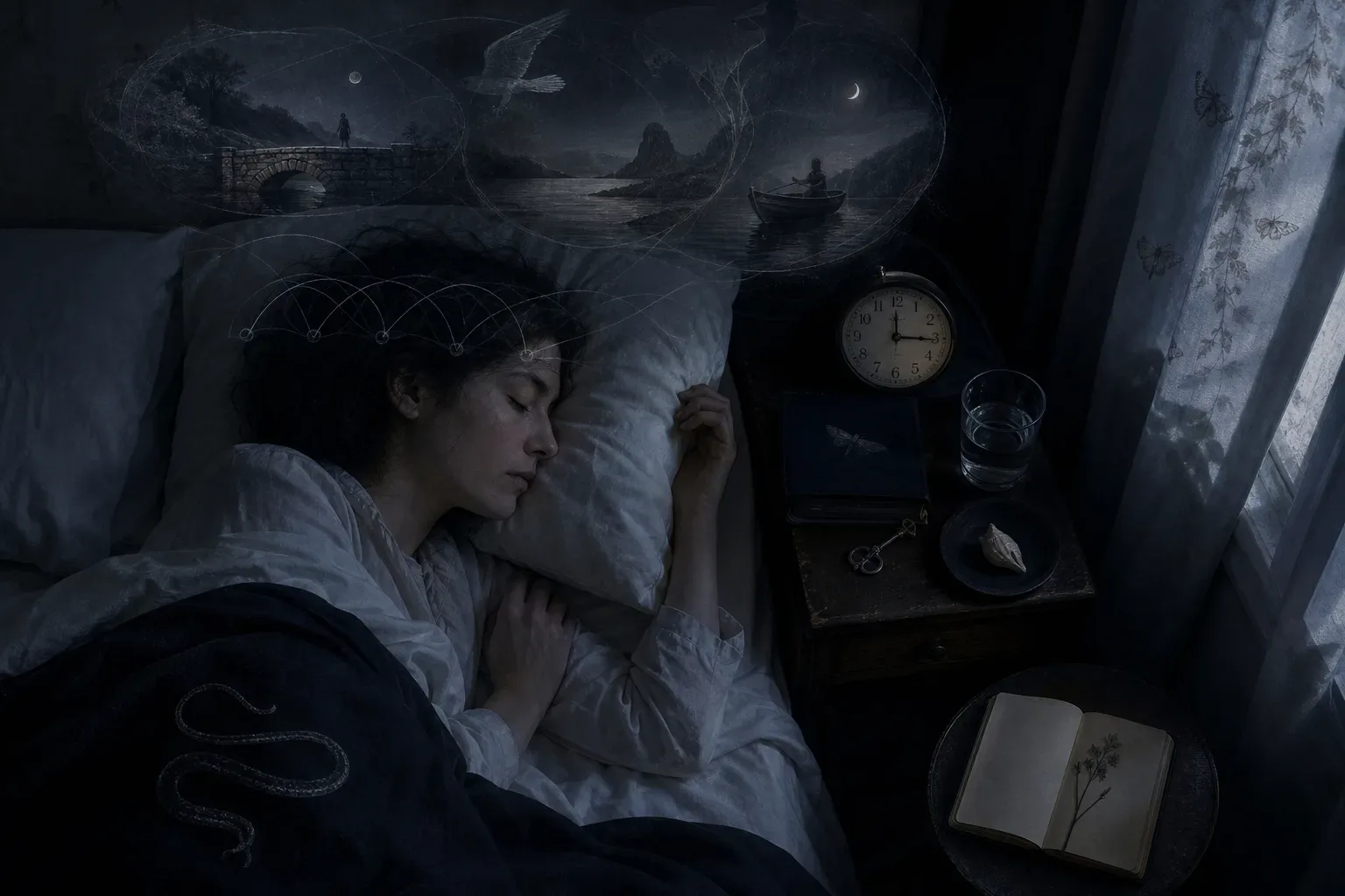 Sleeping figure beside a clock under moonlit curtains