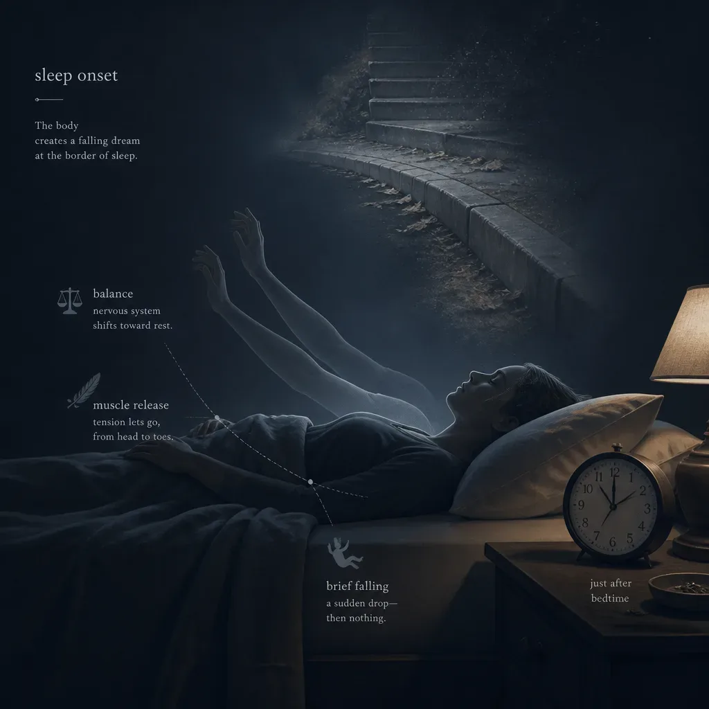 Sleep onset falling sensation illustrated beside a bed