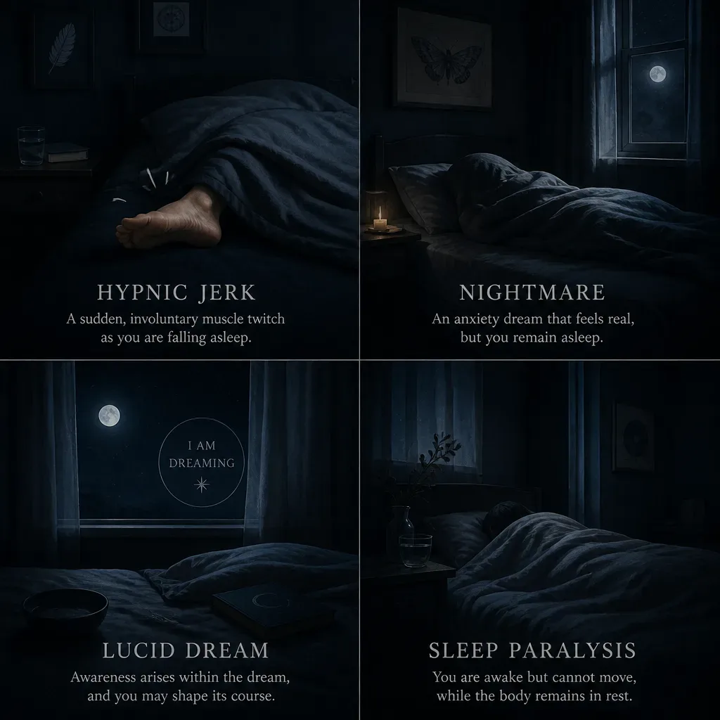 Four sleep events compared in quiet bedroom panels