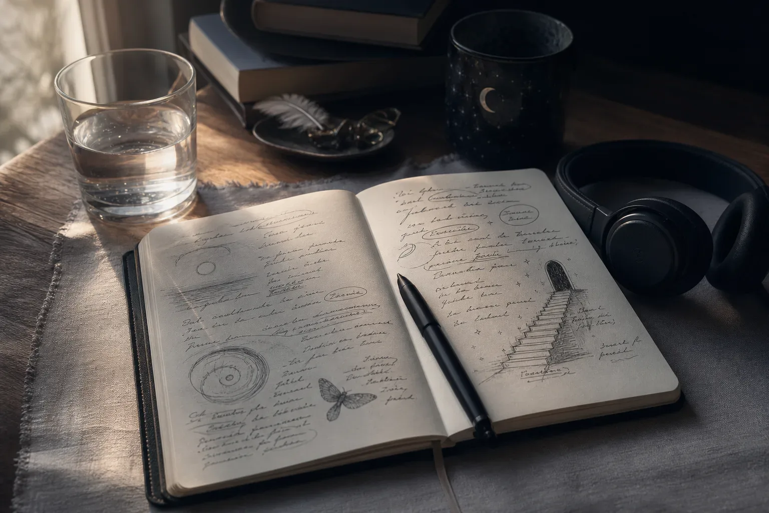 Open dream journal beside headphones at dawn