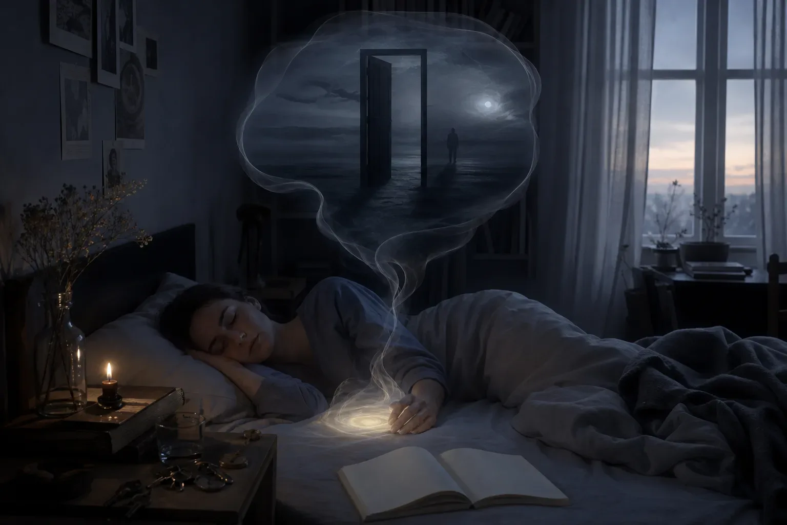 Sleeper calmly facing a shadowed dream doorway