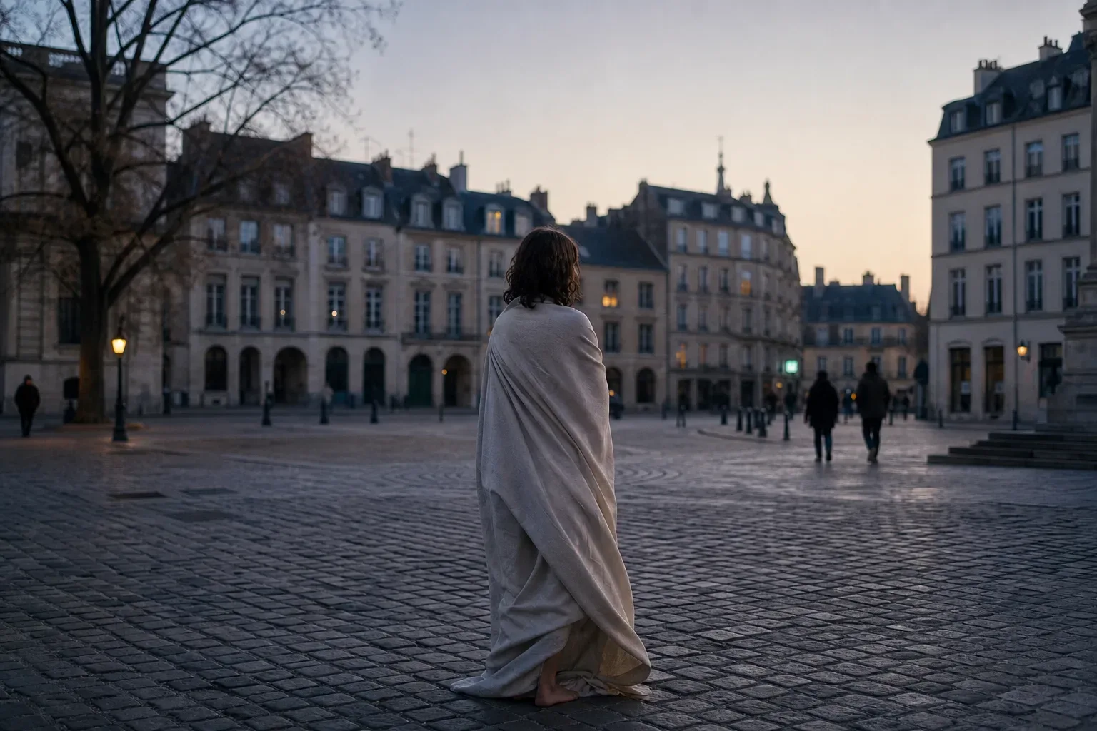 Person standing calmly beneath a soft morning sky