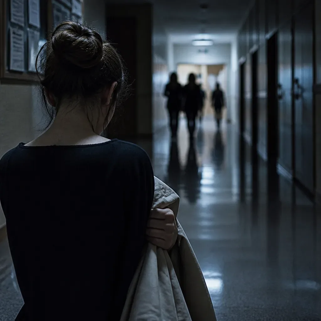Person shielding themselves in a blurred public hallway