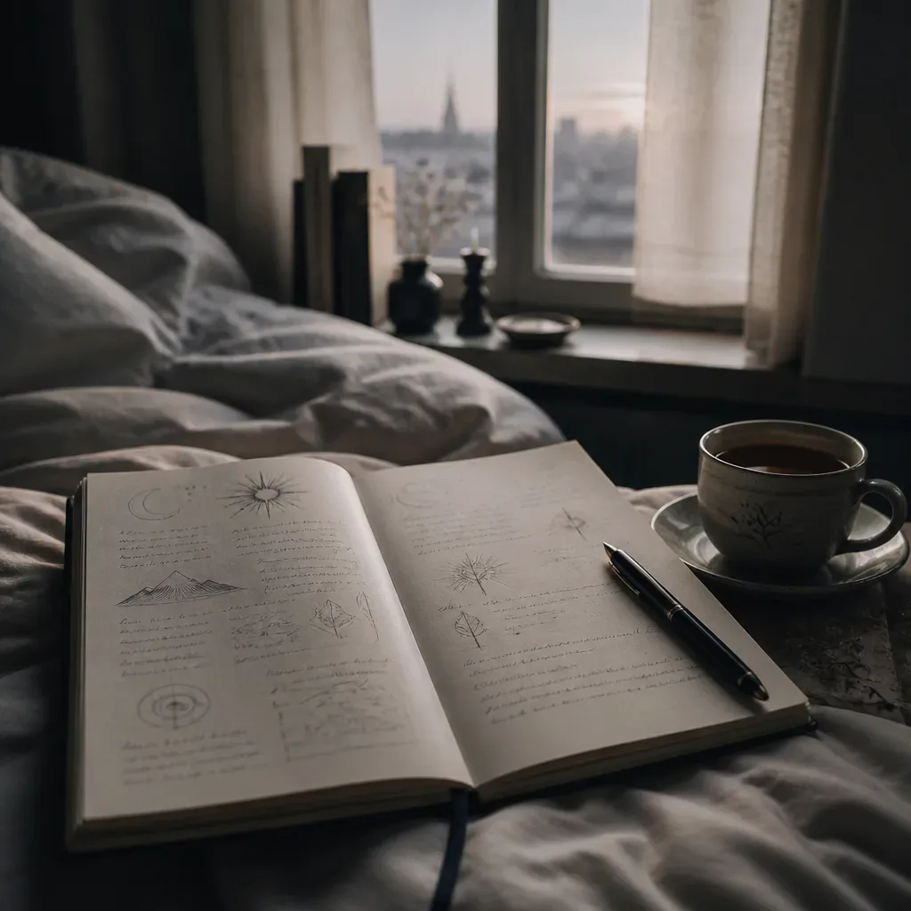 Morning dream notebook open beside a bed