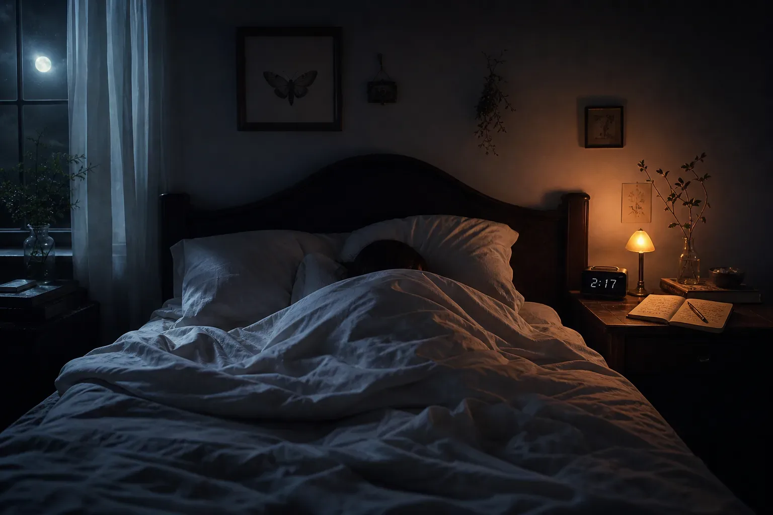 Sleeper beside moonlit window with shadowed bedside clock