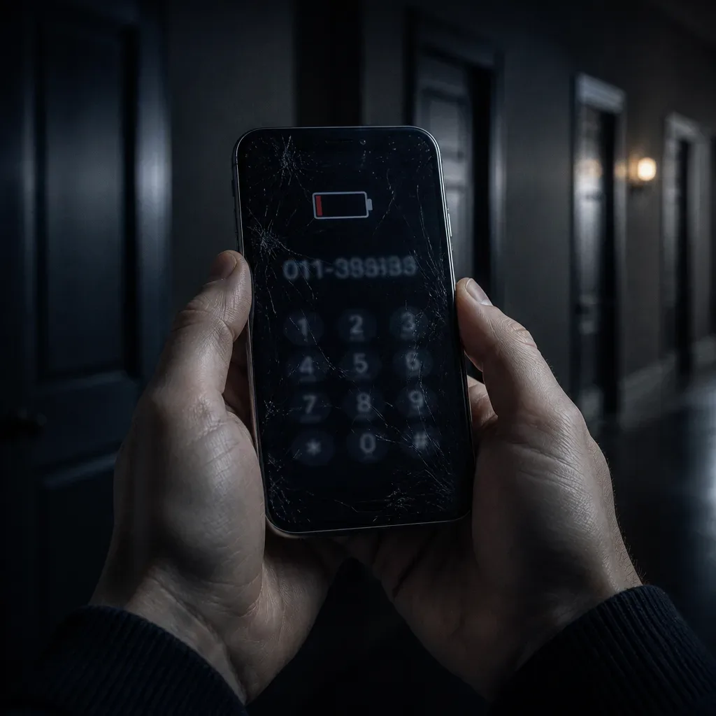 Cracked phone screen with blurred numbers in a hallway