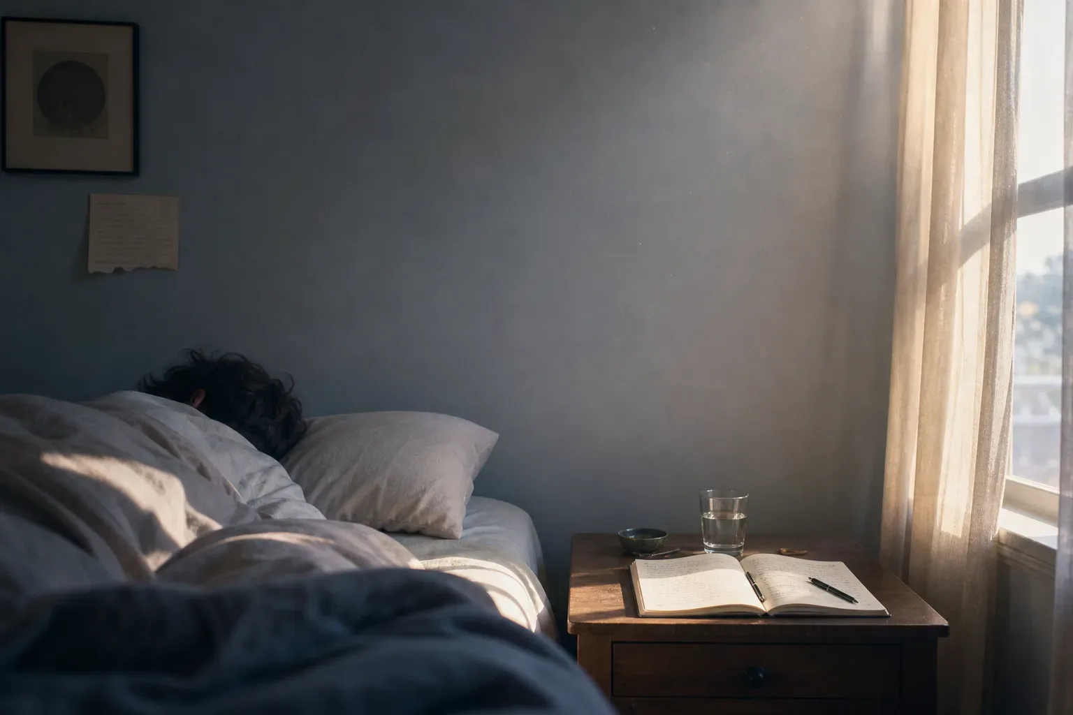 Sleeping woman beside notebook and soft morning light