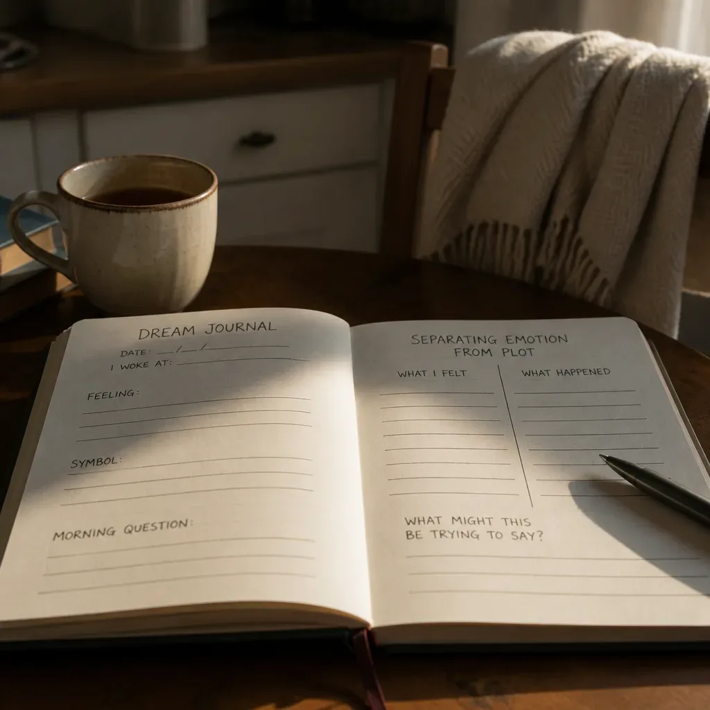 Open dream journal on a quiet morning table