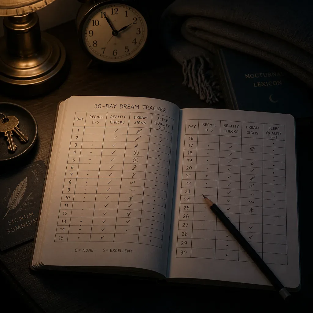 Dream tracking notebook beside a bedside lamp