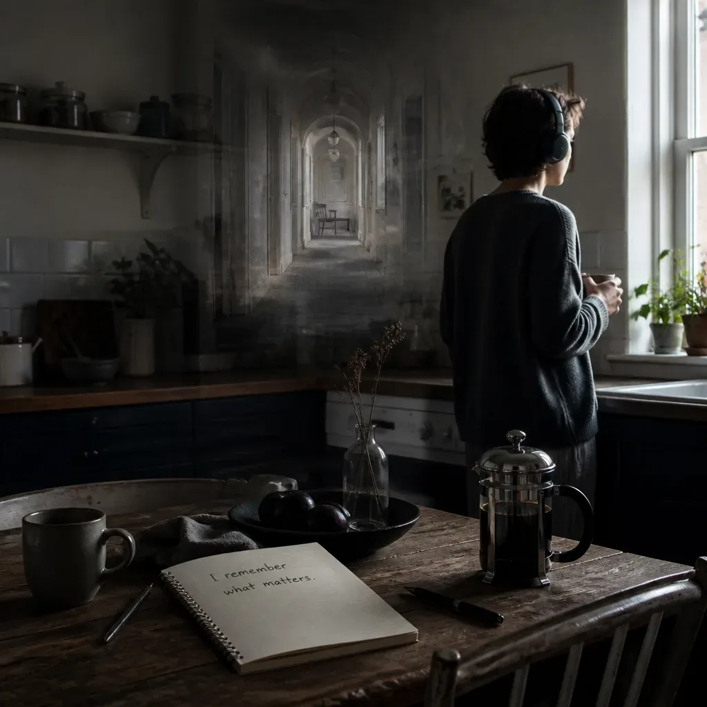 Morning listener beside fading dream image