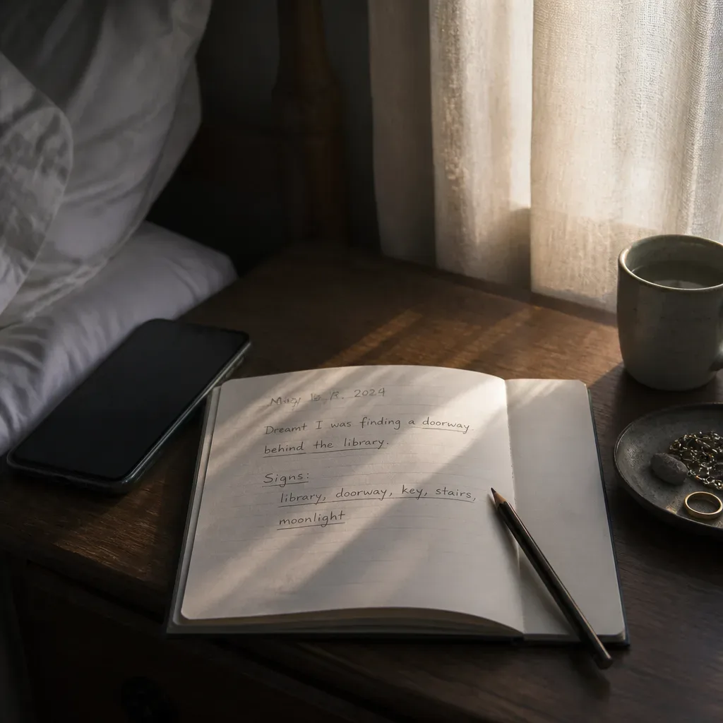 Jurnal mimpi terbuka di samping tempat tidur pagi