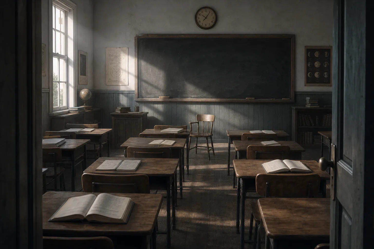 Sala de aula vazia ao amanhecer, com cadernos nas carteiras
