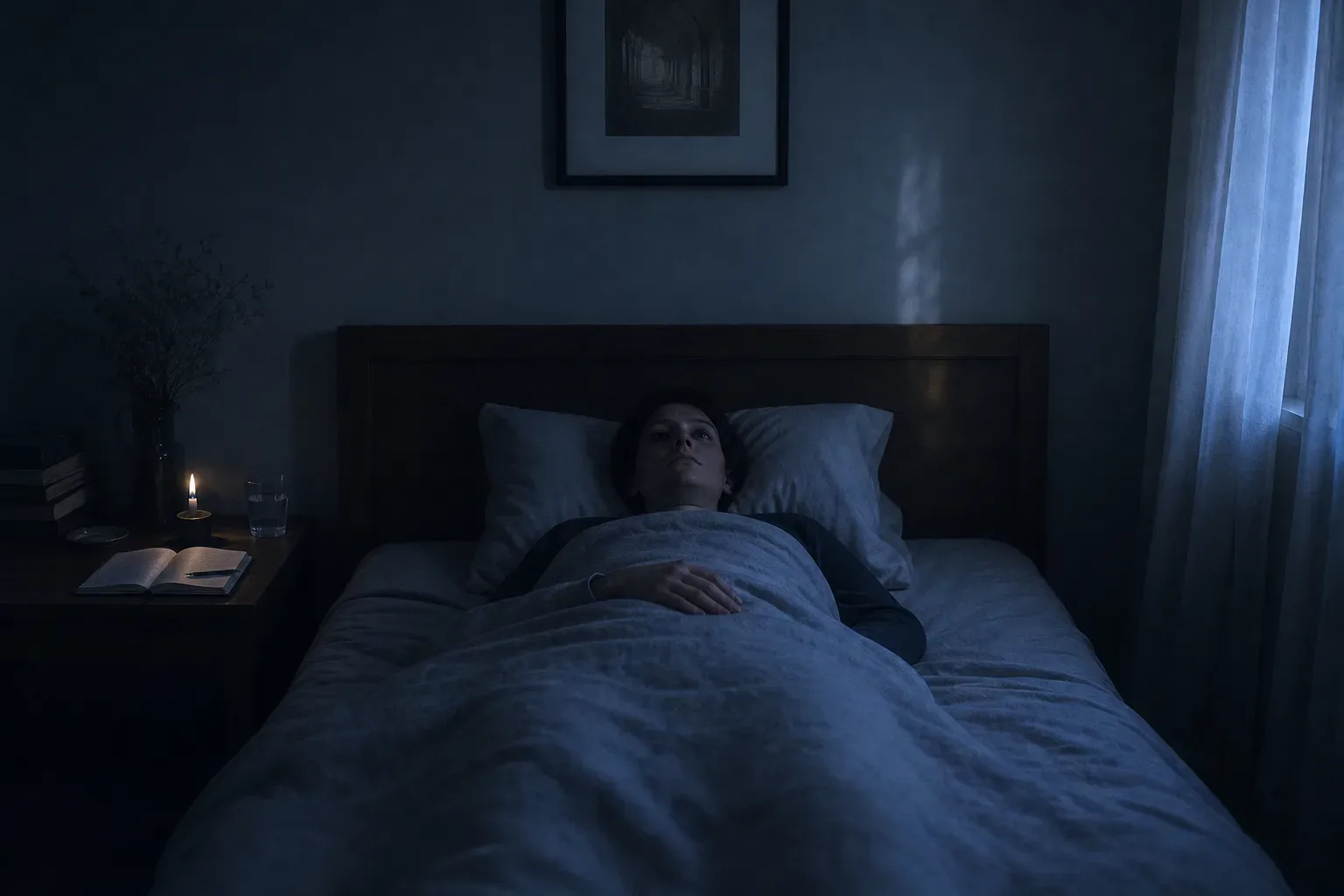 Person liegt im stillen blauen Morgengrauen wach im Bett