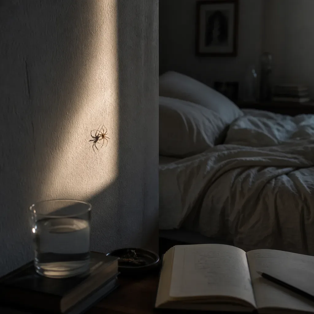 Small spider on bedroom wall at dawn