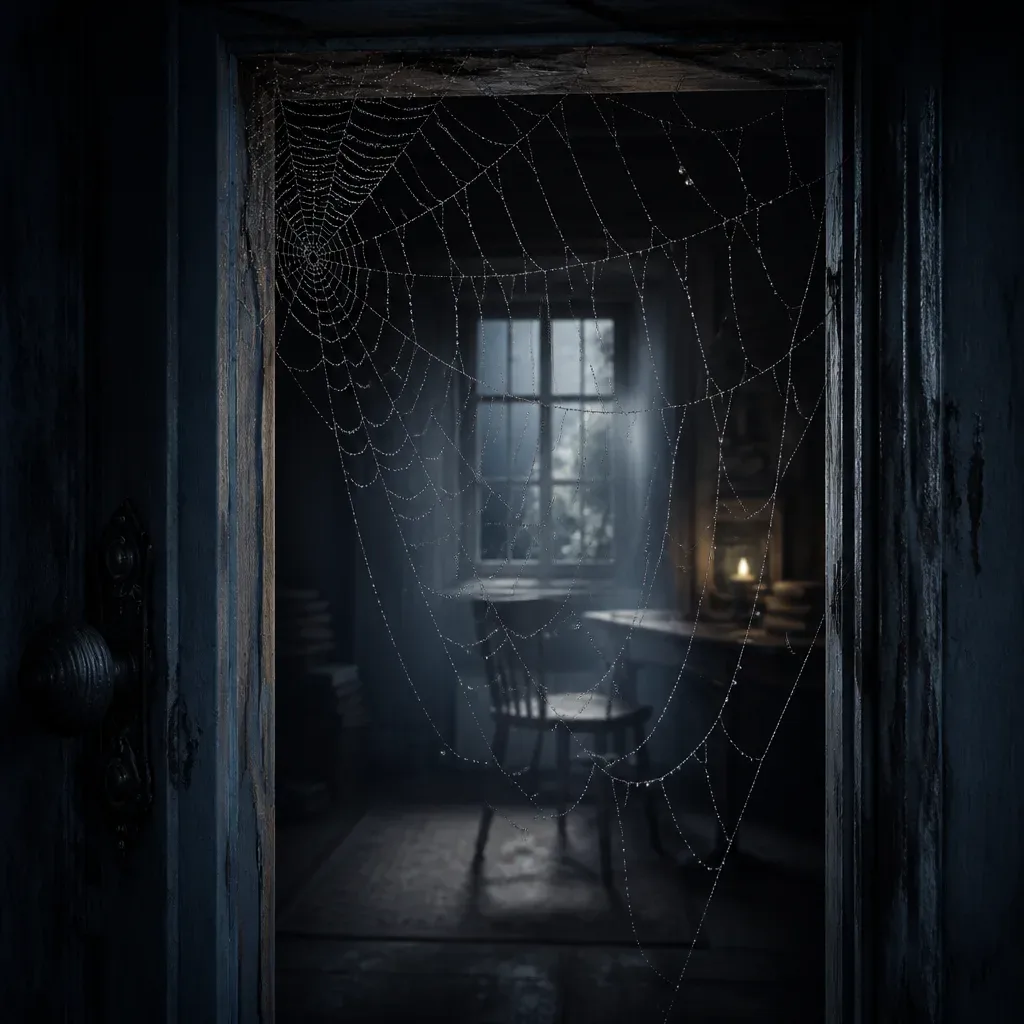 Spider web across doorway in morning light