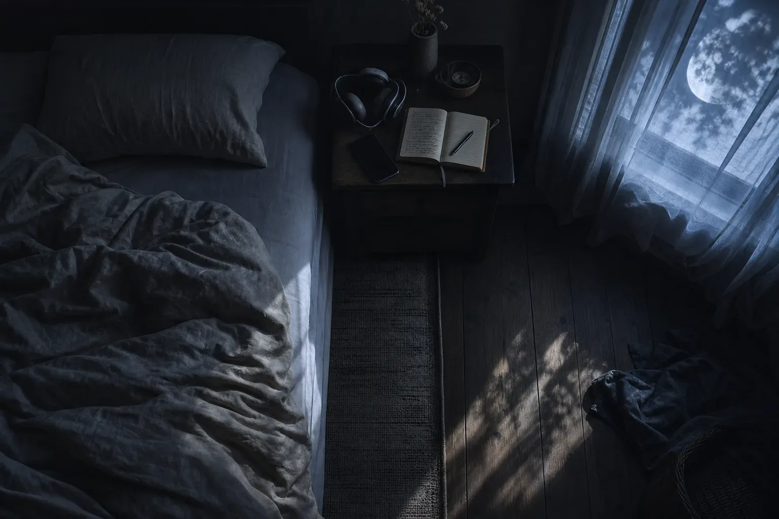 Sleeper beside headphones and a moonlit notebook