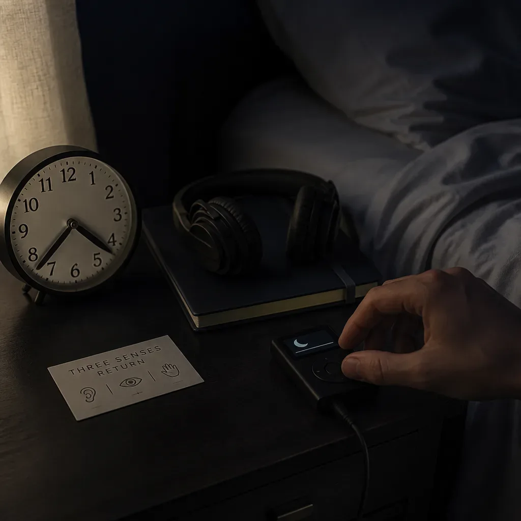 Headphones and notebook beside a dim bedside clock