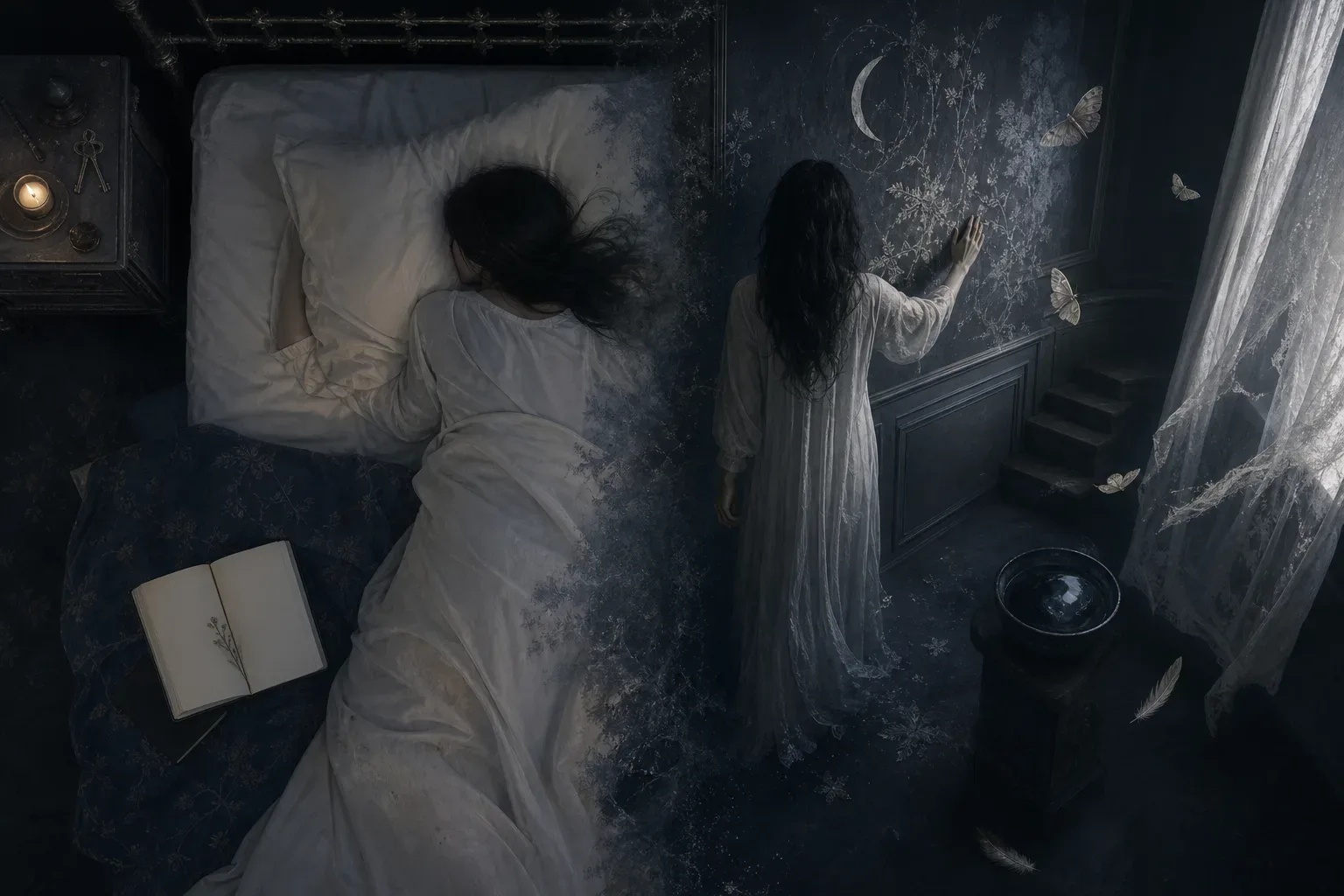 Lucid dreamer touching a wall in a fading room