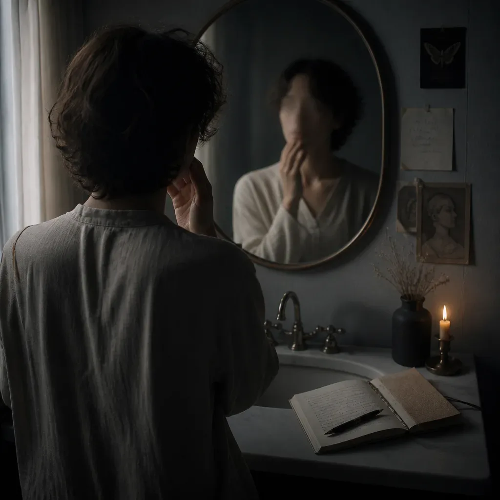 Person touching jaw beside a morning mirror