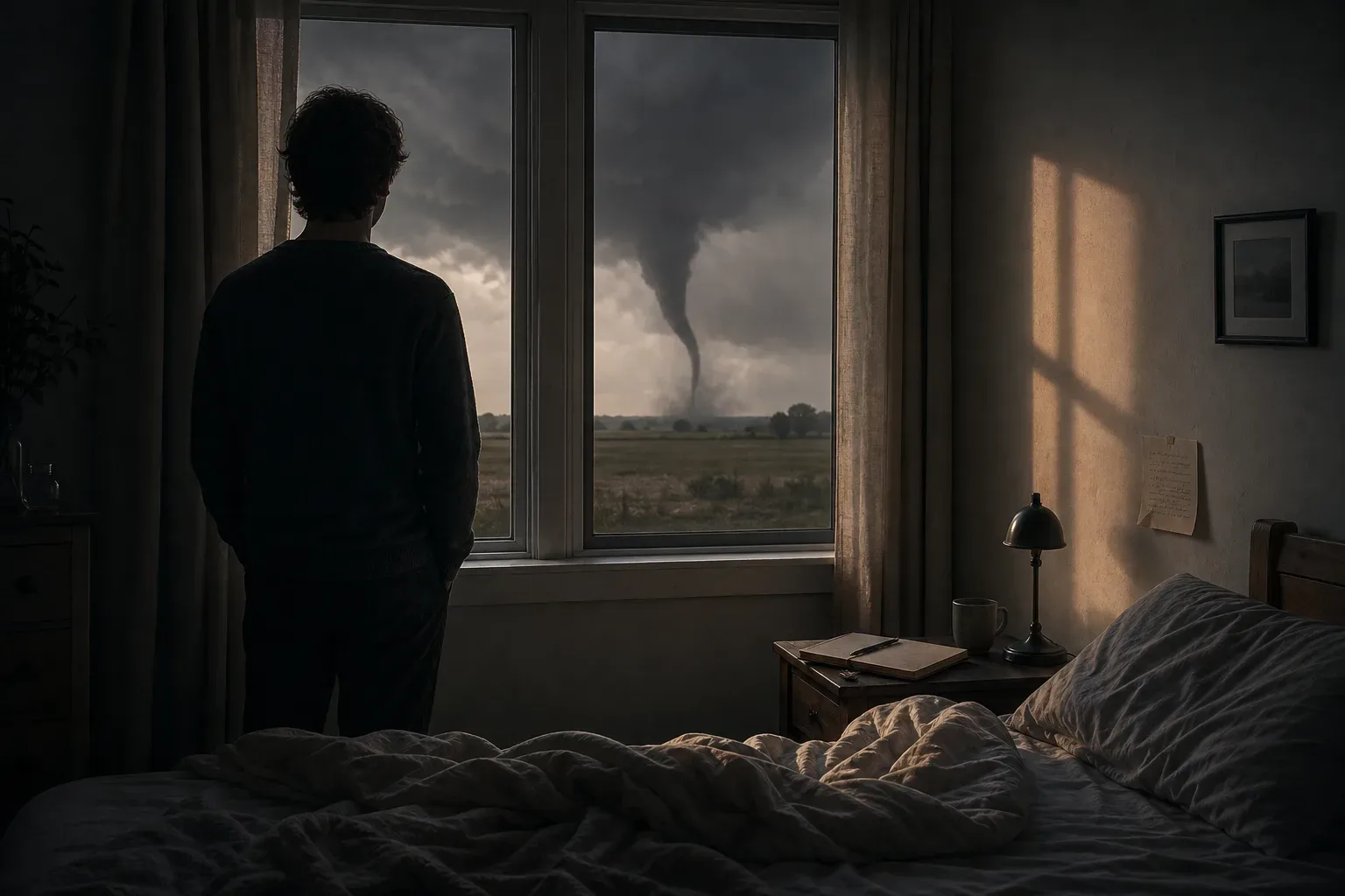 Person watching a distant tornado from a bedroom window