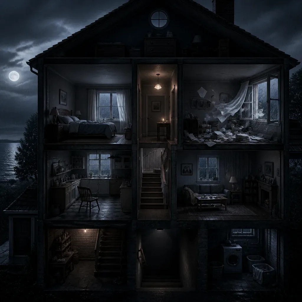 Storm-damaged house showing rooms under pressure