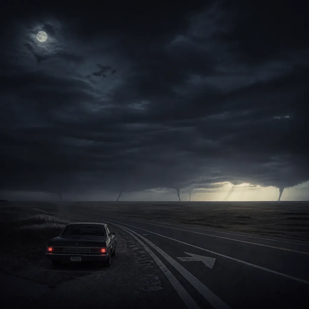 Multiple tornadoes seen from a quiet roadside