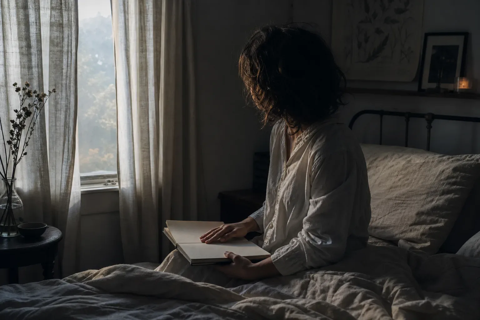 Sleeper beside notebook under early morning window light