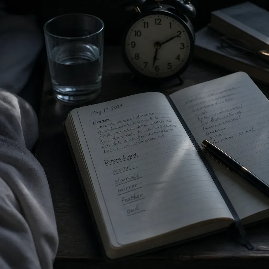 Dream journal open beside early morning alarm clock