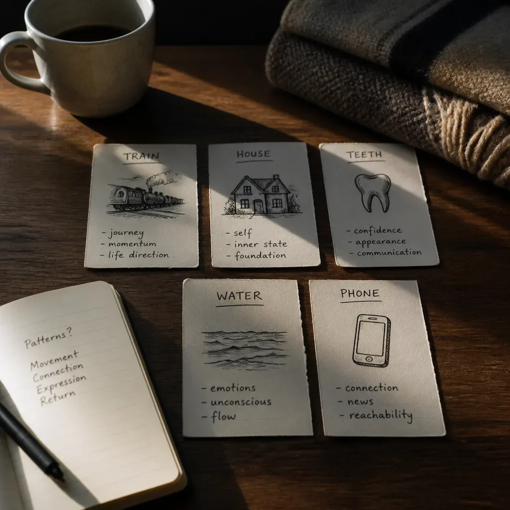 Handwritten dream symbols arranged on a wooden desk