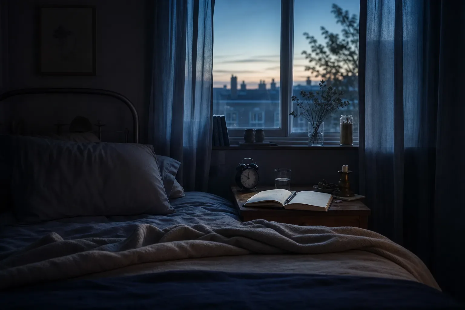 Quiet bedroom with notebook beside a dawn window