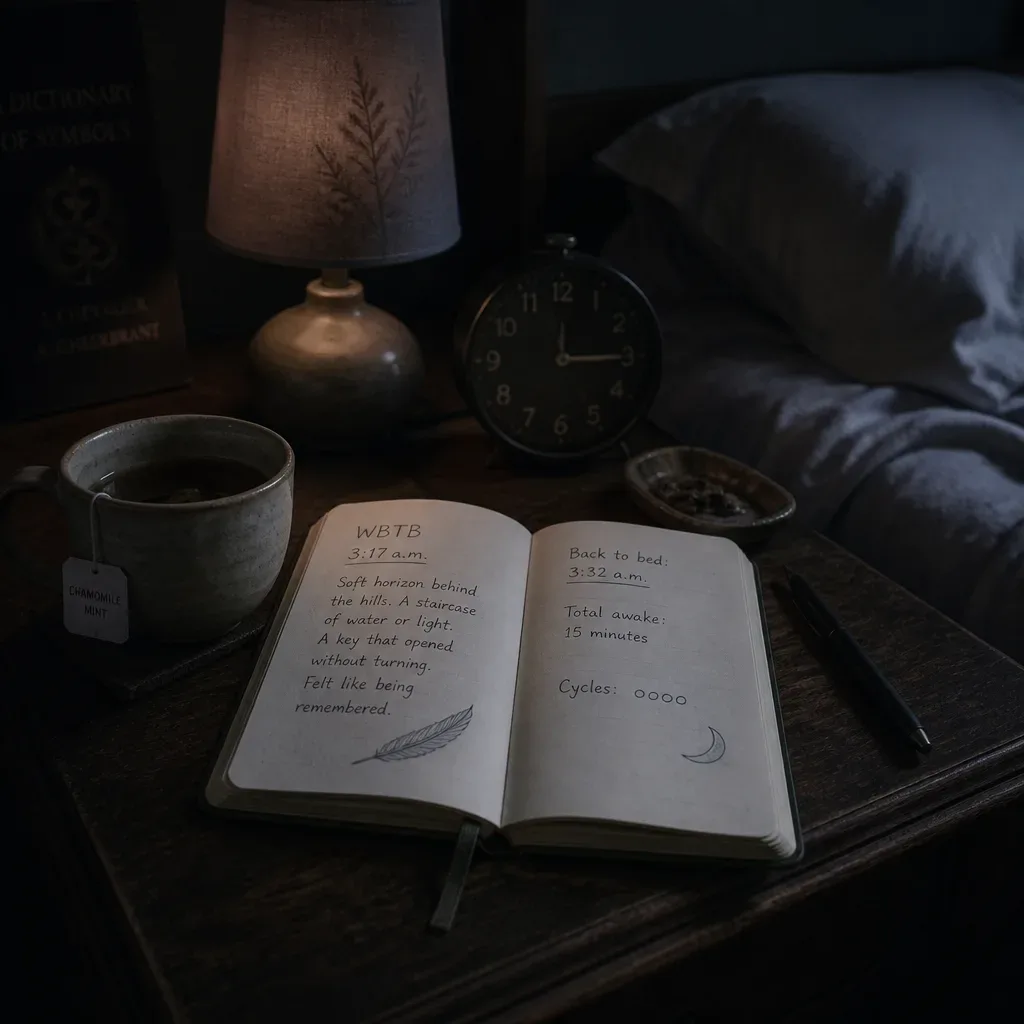 Dream journal and alarm clock in dim morning light