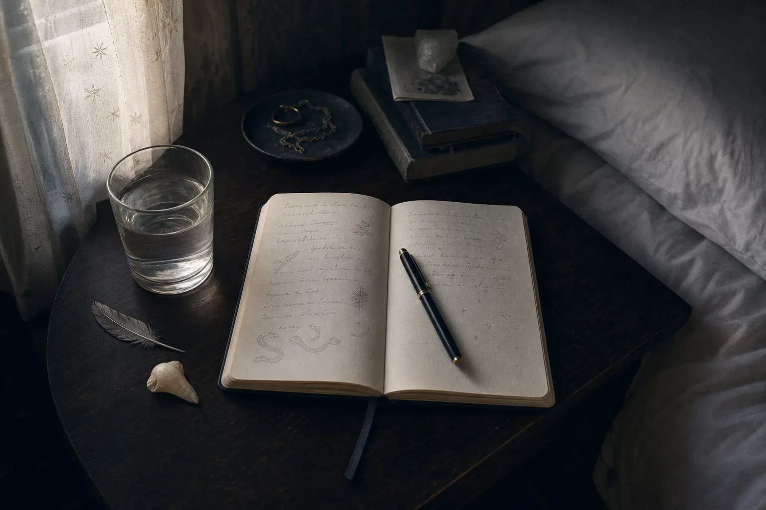 Notebook beside bed in pale morning light