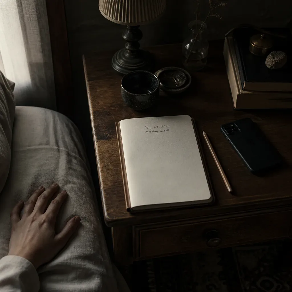 Notebook and pencil ready beside a waking hand