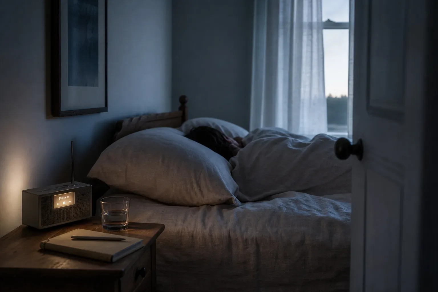Sleeping person beside a softly glowing audio player