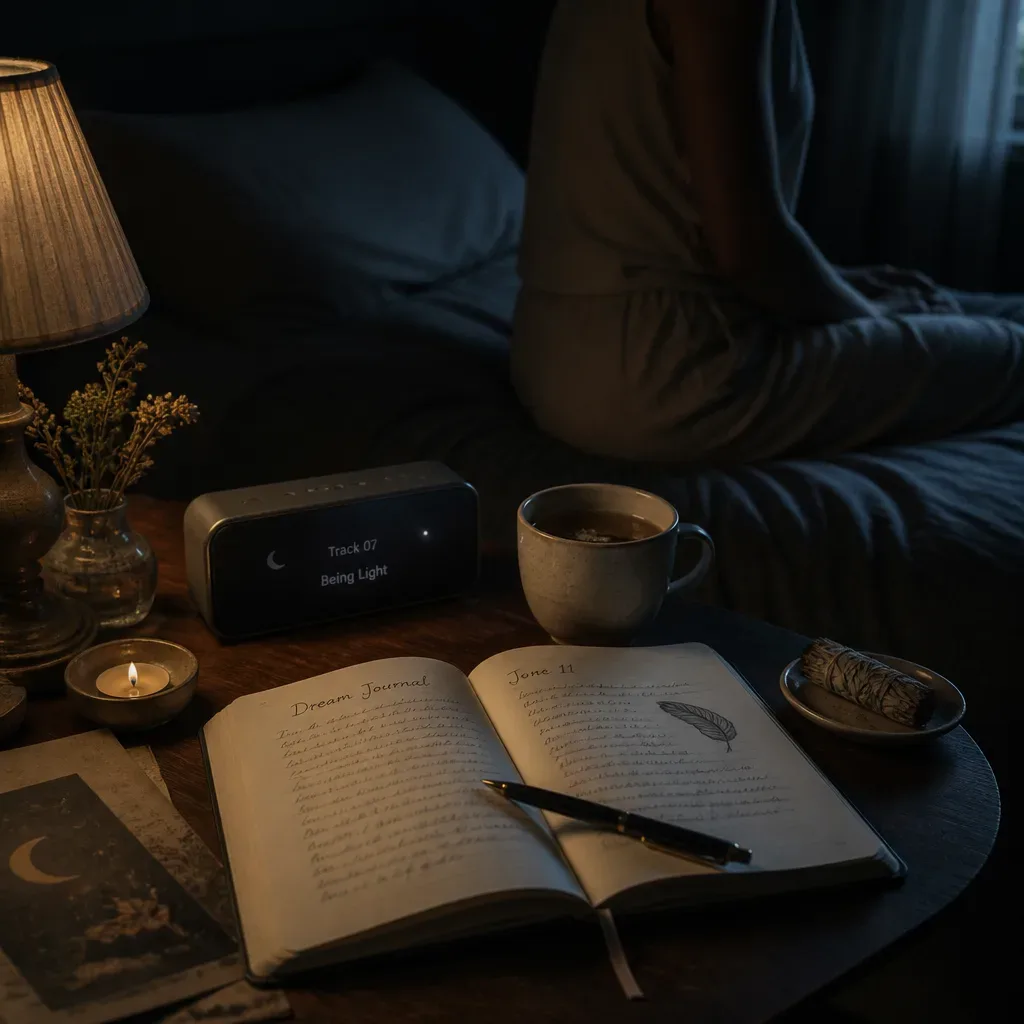Quiet bedtime audio beside an open dream journal