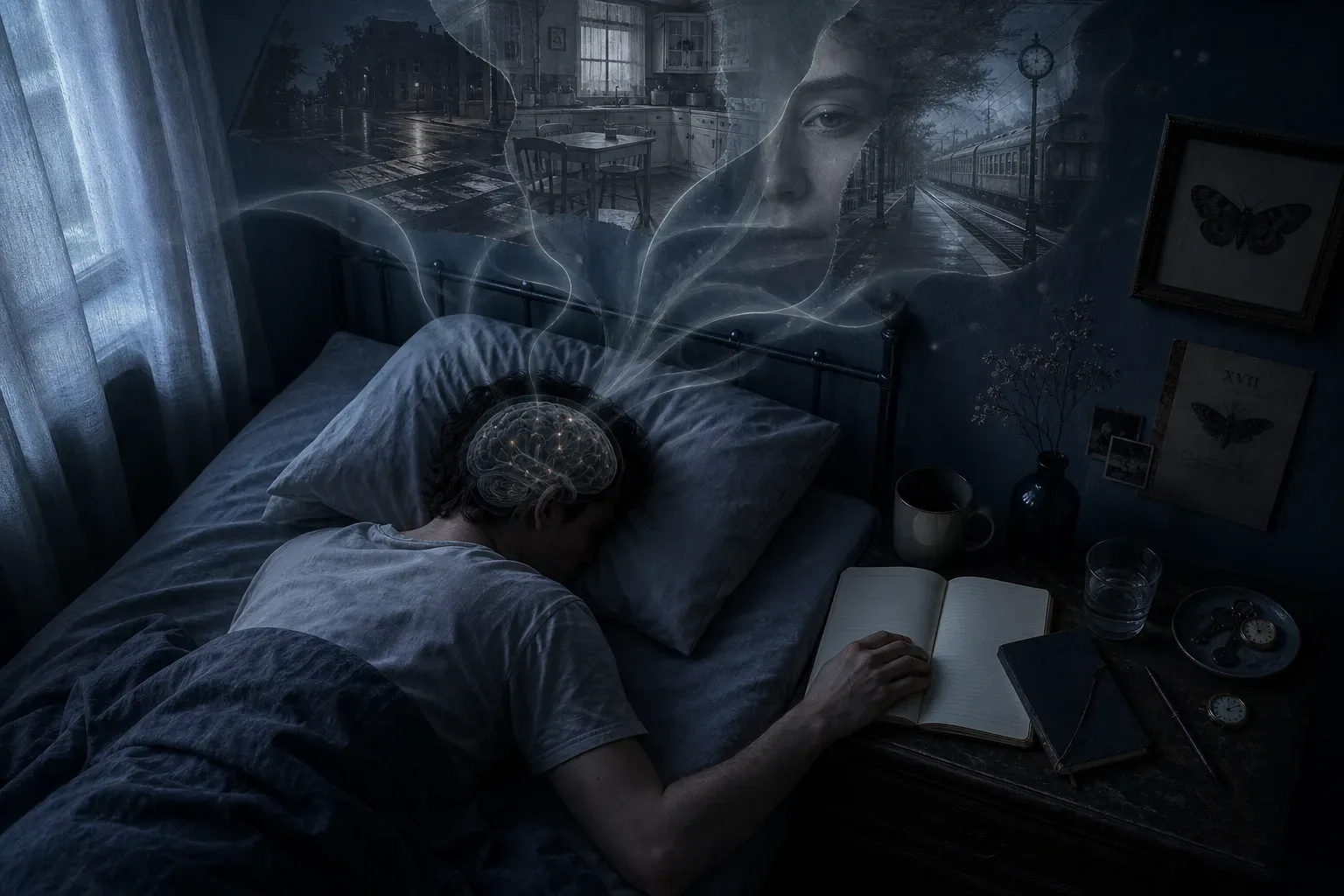 Sleeping person beside floating fragments of dream memory