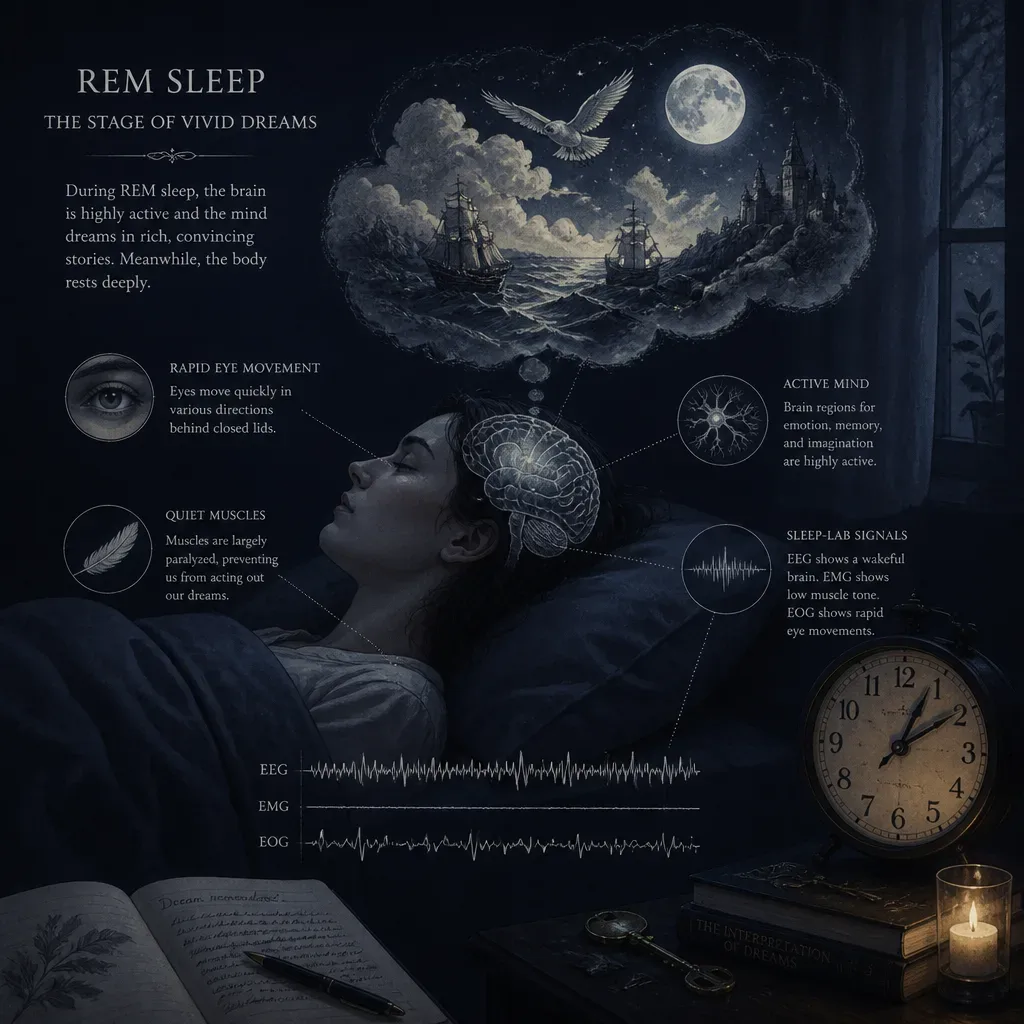 REM sleep diagram beside a dreaming sleeper