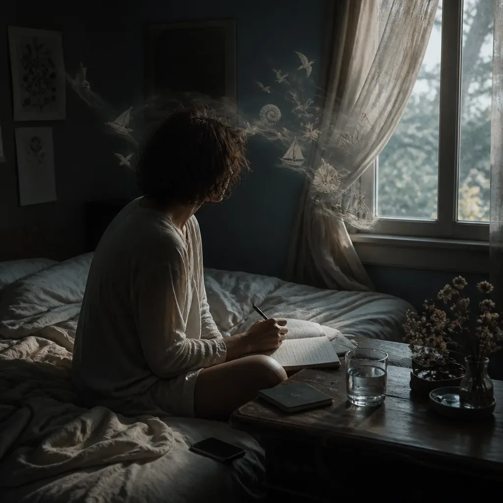 Person writing a vivid dream after waking