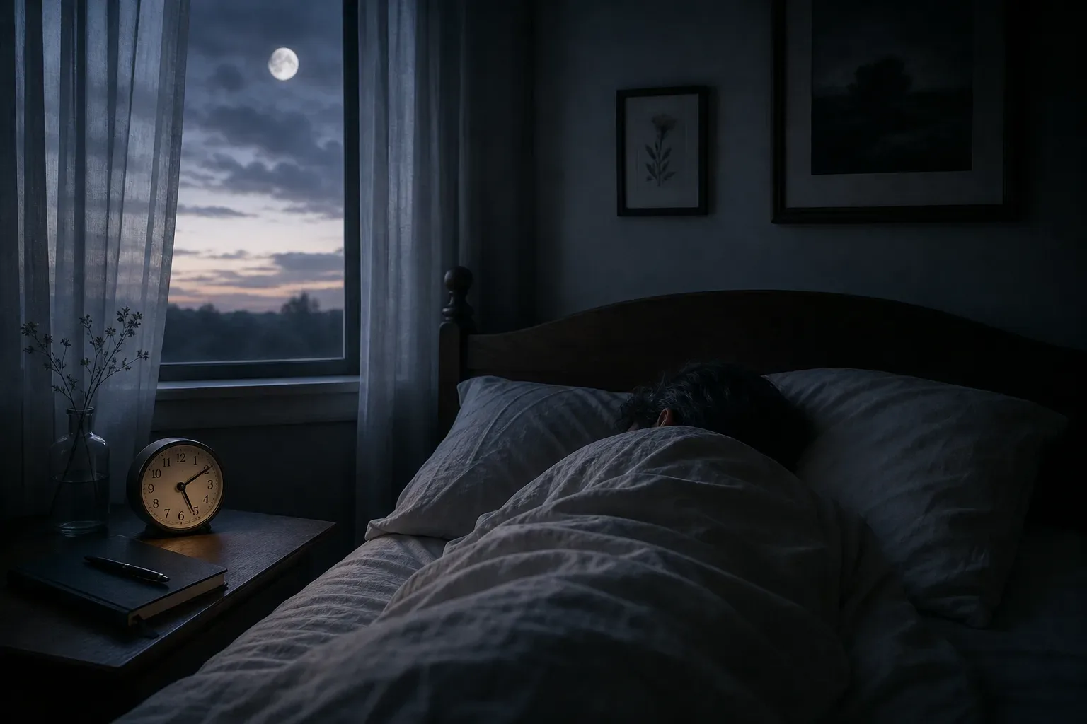 Sleeping figure beneath a quiet moonlit bedroom window