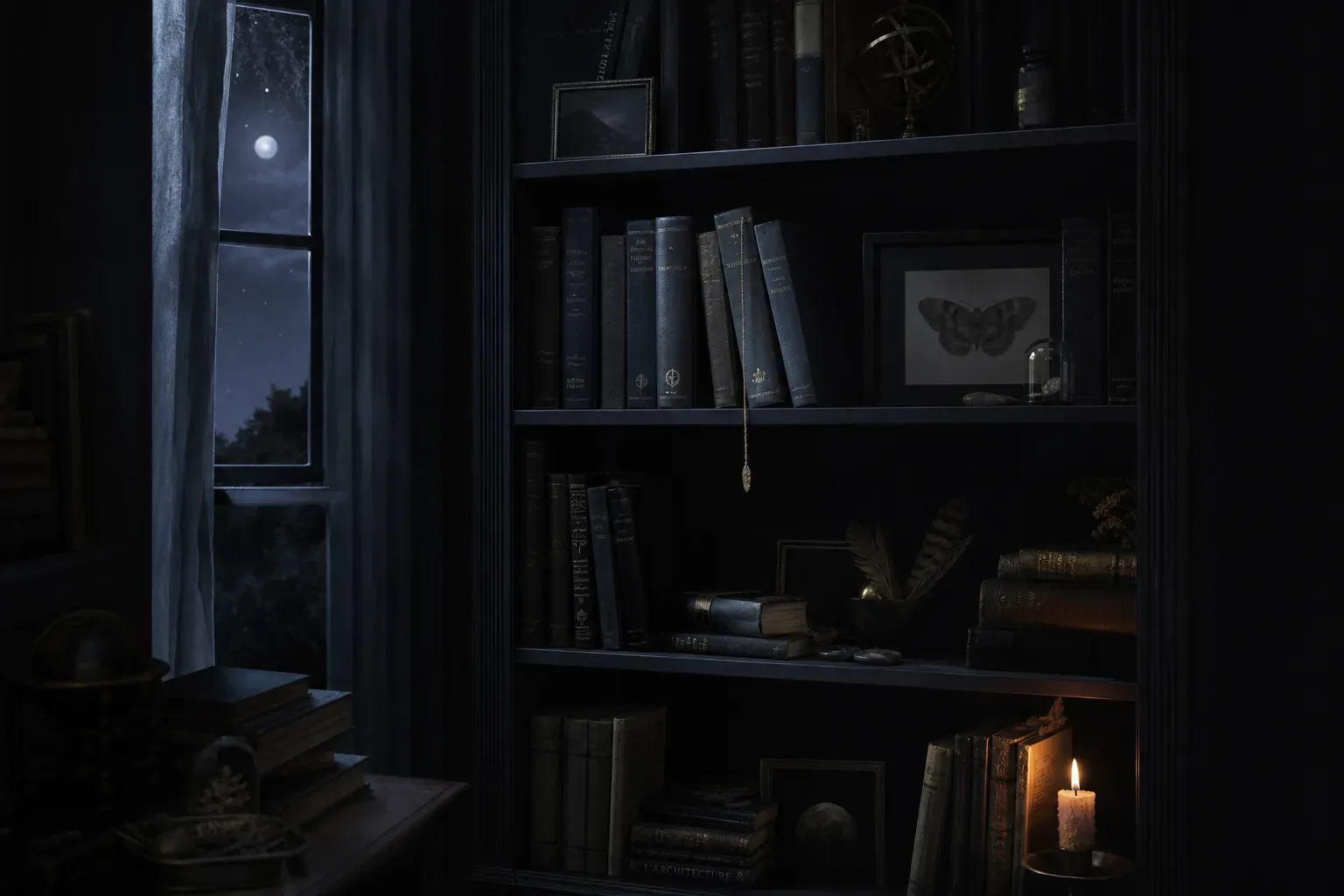 A tall bookshelf in moonlight with a few cloth-bound volumes and a brass bookmark.