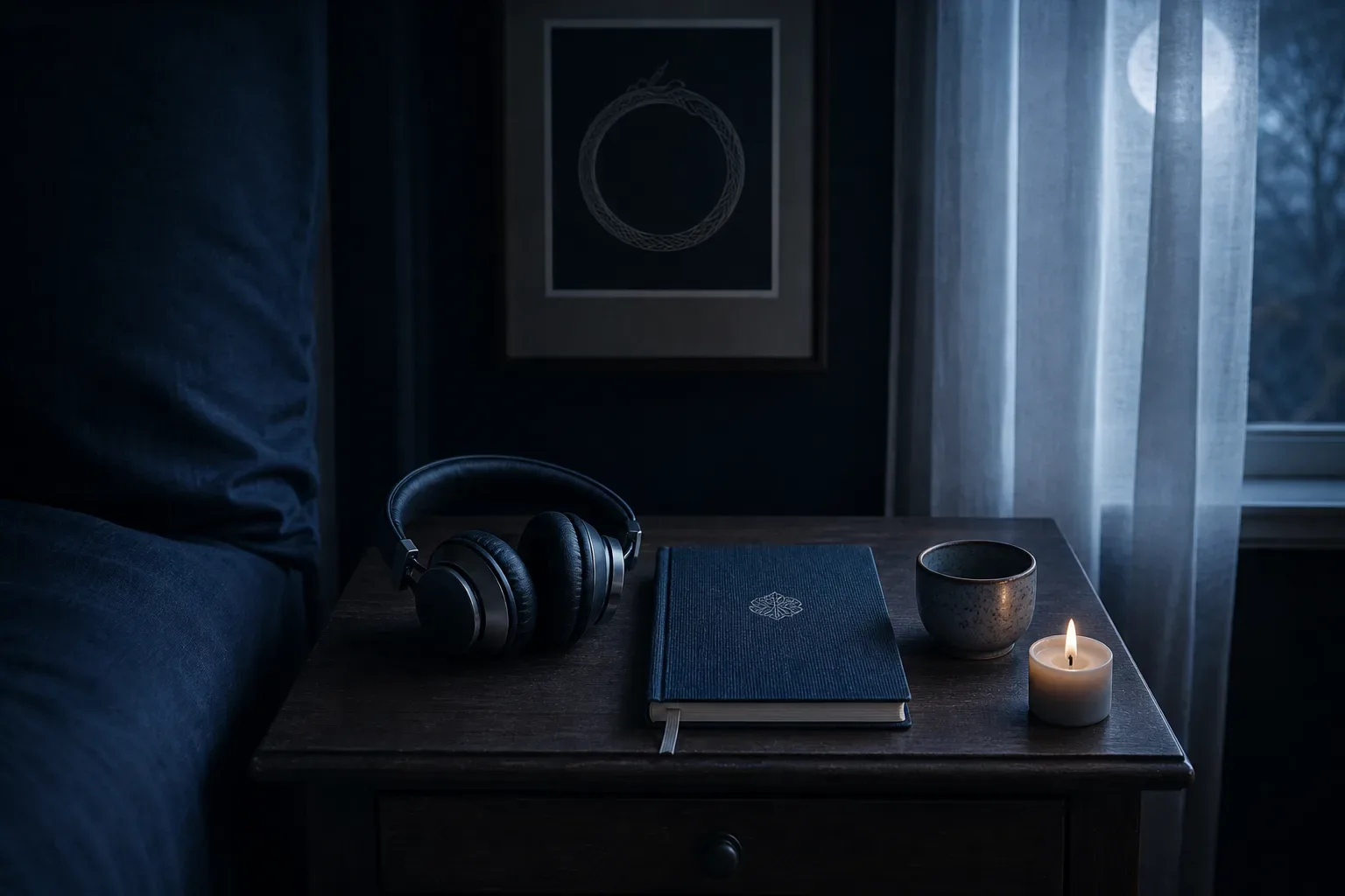 Over-ear headphones on a nightstand beside a closed notebook, lit by a single candle against an ink-blue room.
