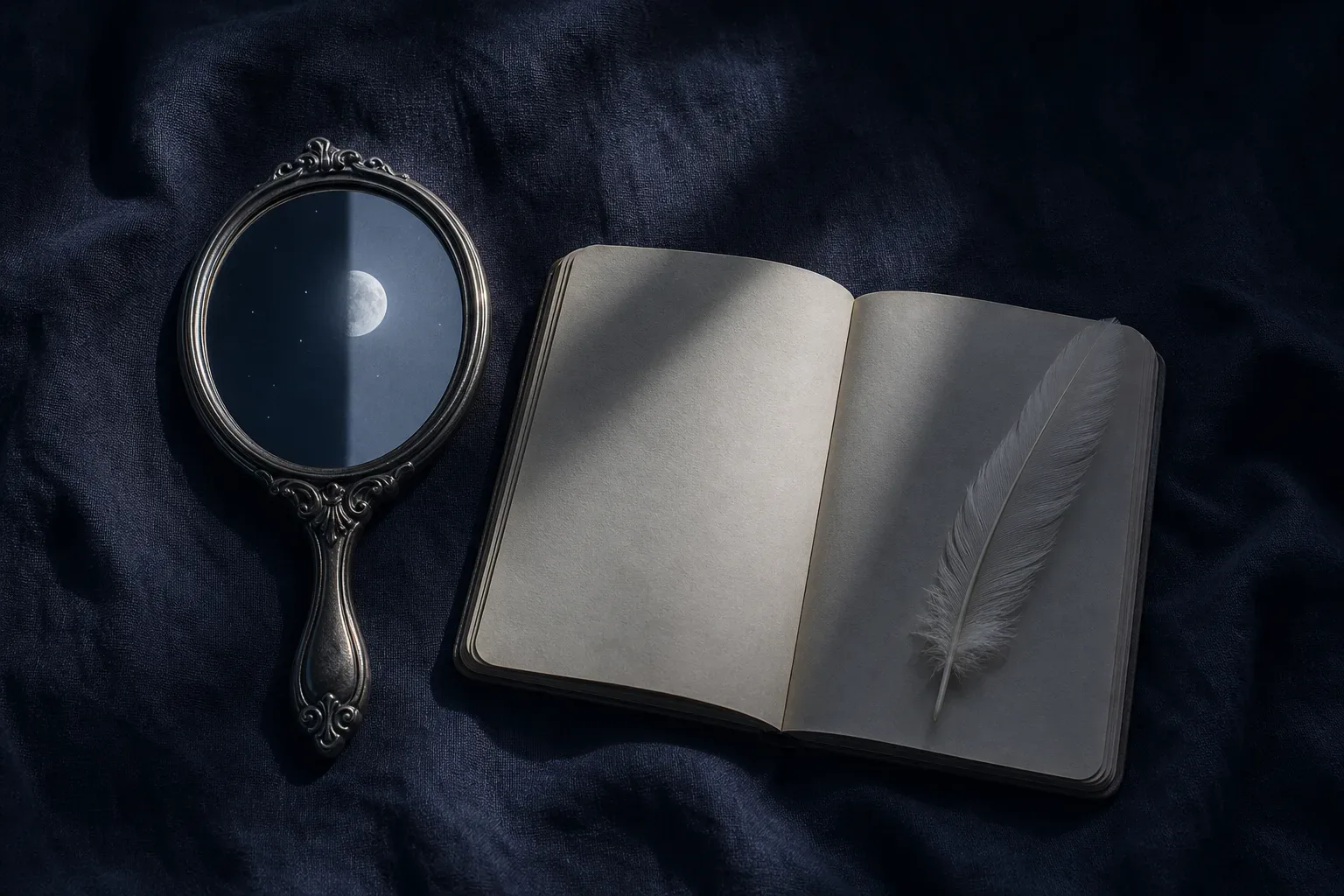 A hand-mirror on dark linen catching a sliver of moonlight, next to a blank open notebook.